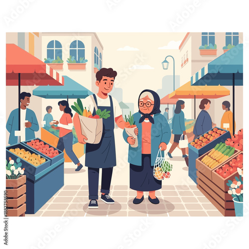 Young man helps elderly woman with groceries at outdoor market