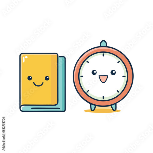 Kawaii Smiling Book and Alarm Clock Cartoon Characters Cute Study Time  Productivity Vector 