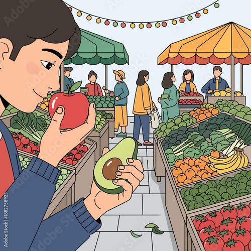 Man choosing fresh produce at outdoor farmers market