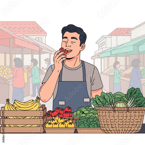 Man eating fresh tomato at outdoor farmer's market stall with produce