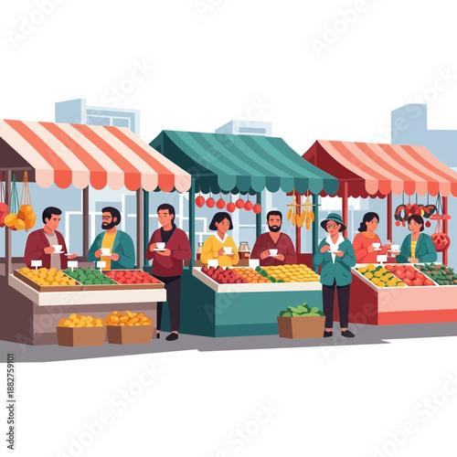 Outdoor market stalls with vendors and shoppers
