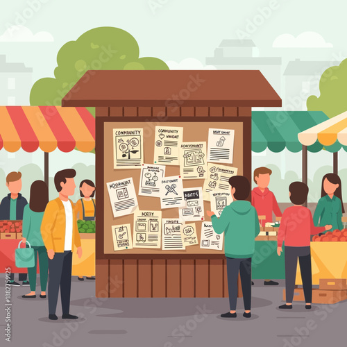 People at outdoor market reading bulletin board with announcements