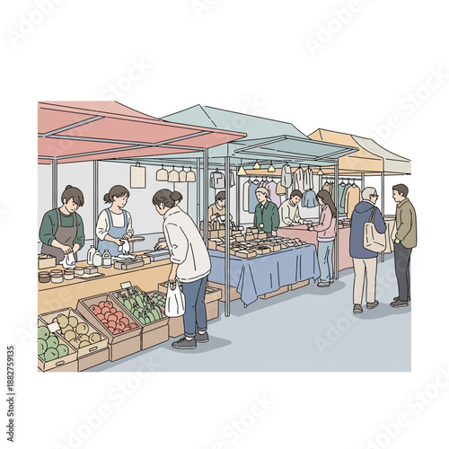 People at outdoor market stalls buying fresh produce and clothes