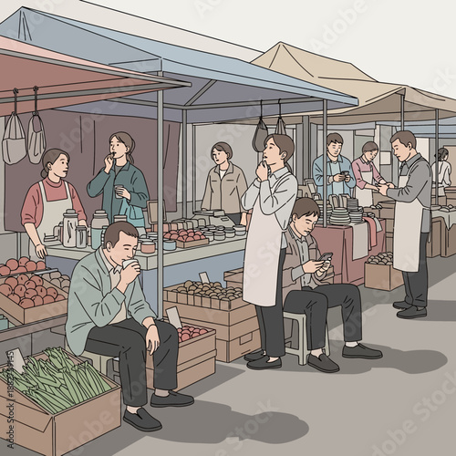 People at outdoor market stalls, browsing produce and goods