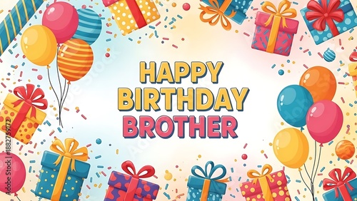 A colorful illustration celebrating a brother's birthday with gifts and balloons