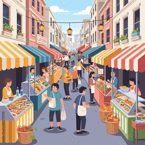 Street Market Scene with People Shopping at Stalls