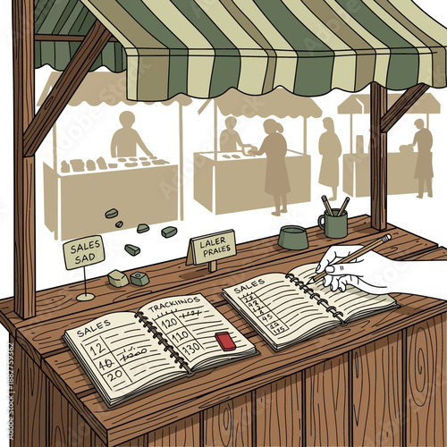 Street vendor tallying sales at outdoor market stall