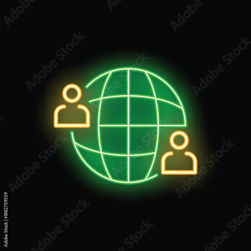 Neon green globe is surrounded by two neon yellow people icons, representing global communication