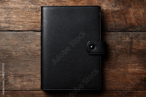 A close-up of a dark, leather-bound planner with a button clasp, resting on a wooden surface