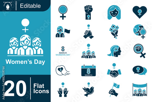 Women’s Day flat icon set with female empowerment symbols, gender equality, feminism, solidarity, leadership, celebration of women rights, modern editable vector icons for web, app, and design project