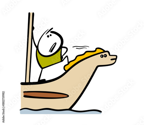 Brave traveler stands on the bow of the ship and looks ahead. Vector illustration of an antique sailboat with a beautiful wooden sculpture of a dragon sailing on the waves in the open sea and ocean.