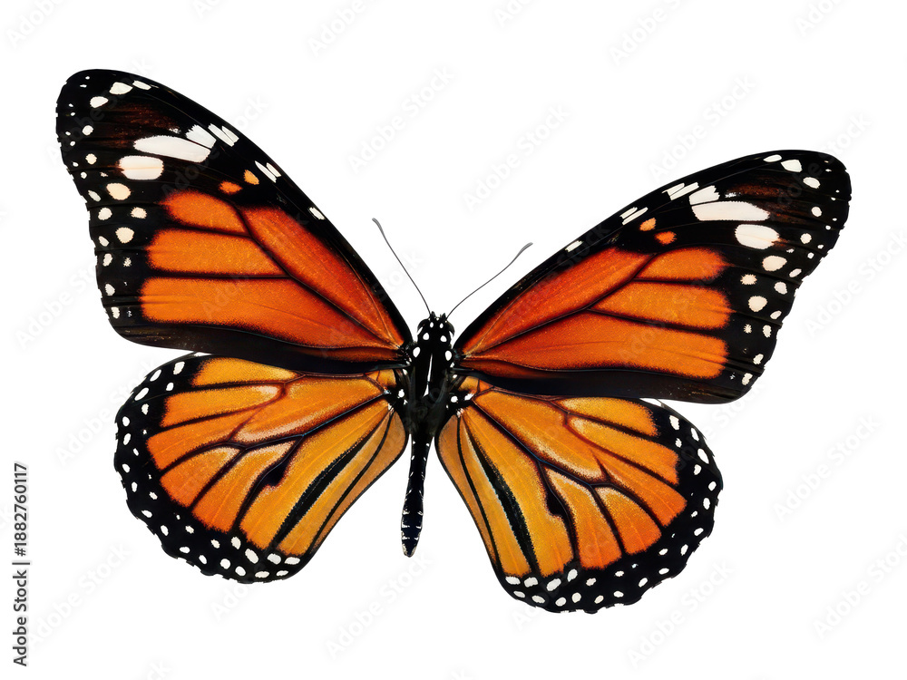 Fototapeta premium Colorful monarch butterfly with orange and black wings isolated on transparent background