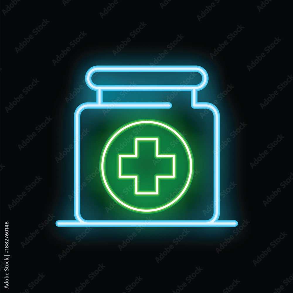 Obraz premium Glowing neon green medicine bottle with a bright cross on a black background