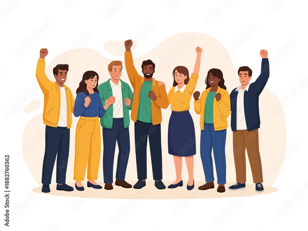 Fototapeta premium Diverse group of people with raised arms in celebration together