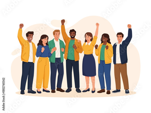 Diverse group of people with raised arms in celebration together