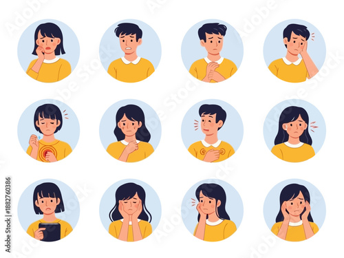 A set of cartoon people with different expressions on their faces in circular avatars
