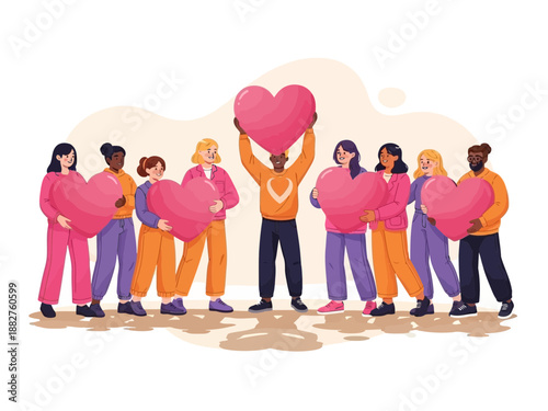 A group of diverse people holding and sharing a large pink heart symbolizing love and unity together