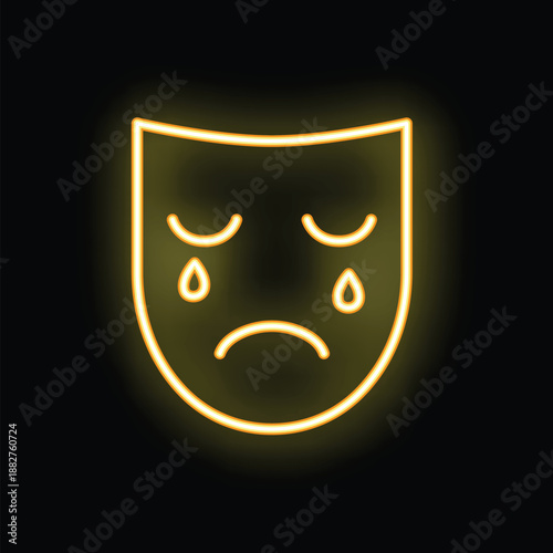 Yellow neon icon of a sad theater mask crying, isolated on black background