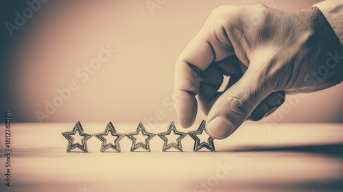 Hand placing five metallic stars in a row on a wooden surface, symbolizing quality and rating, with a soft blurred background enhancing the focus on the stars