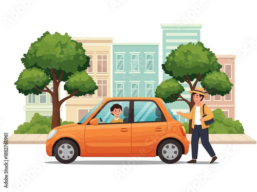 Man in hat opening door of orange car on city street with trees