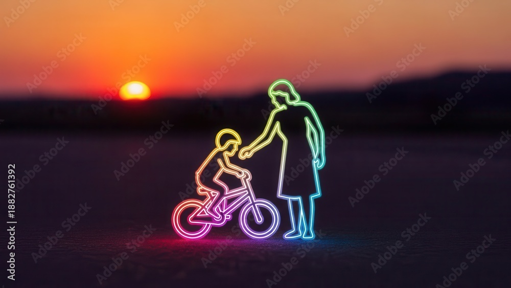 Fototapeta premium A vibrant neon illustration of a child learning to cycle with a parent's gentle guidance under a