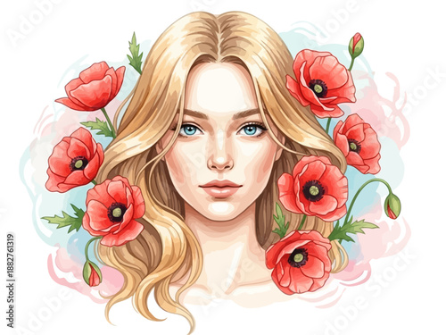 Beautiful woman with long blonde hair and red poppies around her face