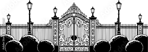 Vintage Wrought Iron Gate Fence Vector Architectural Illustration