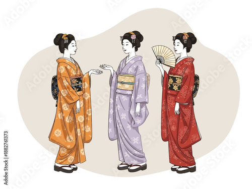 Three women wearing traditional japanese kimonos standing in front of a beige background