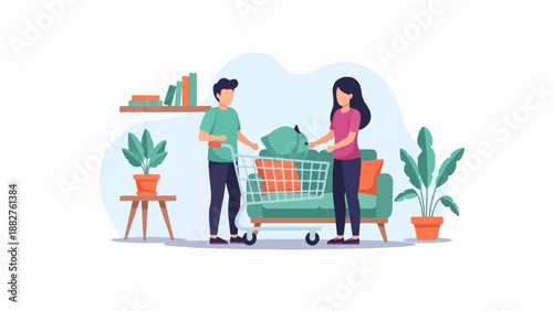Couple in living room with shopping cart, sofa, plants, and books