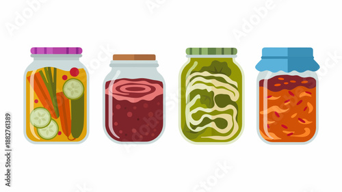 Assortment of Pickled Preserves: A visually enticing assortment of various pickled vegetables and fruits preserved in glass jars.