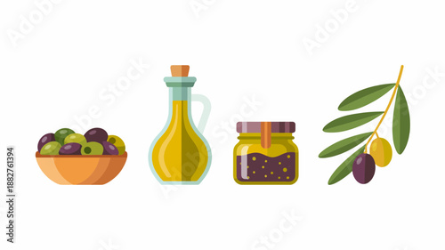 Olive Delights: A vibrant array of olives, olive oil, and preserves, capturing the essence of Mediterranean culinary tradition.