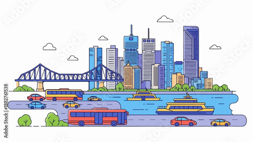 Colorful cityscape with a bridge, a river, boats, buses, and cars on roads