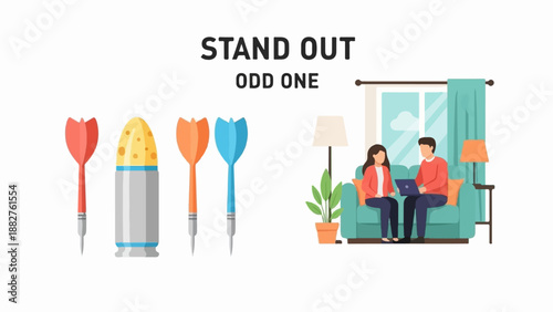 Colorful darts and a bullet stand out from a couple working on a laptop