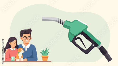 Couple and dog with plant, gas pump illustration