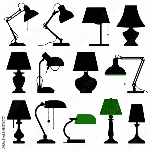Collection of Desk Lamps Silhouettes: A sophisticated collection of desk lamp silhouettes showcasing a variety of styles. Each silhouette captures the essence of illumination and design.