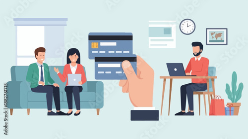 Colleagues collaborate on finances, one presenting credit cards, others on laptops