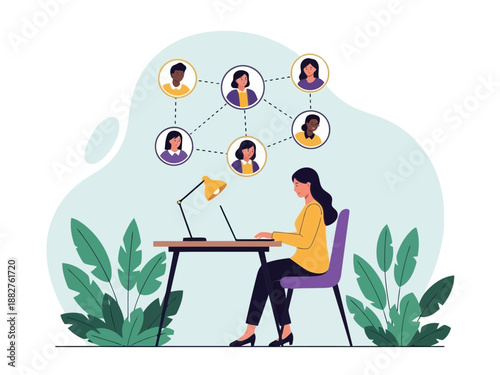 Woman working remotely on laptop with colleagues connected online in a network