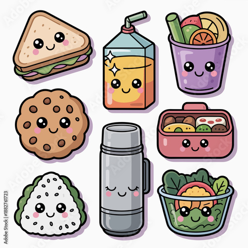 Cute and Colorful Lunchtime Delights: A cheerful array of lunch items, each with an adorable expression, including sandwich, juice box, cookie, fruits and vegetables, lunchbox, rice ball, thermos.