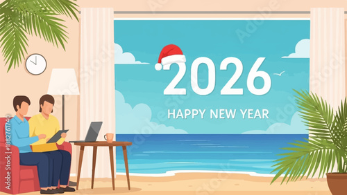 Couple at home, looking at a tablet, with a beach view and '2026 HAPPY NEW YEAR' text