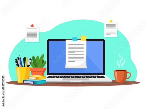 A laptop on a desk with office supplies and a cup of coffee colored background