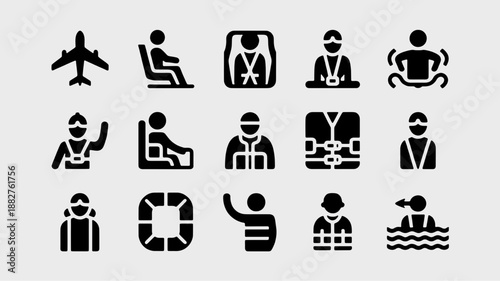 Air Travel Safety Icons: A comprehensive set of stylized icons showcases the essential elements of air travel safety, from aircraft to passengers.