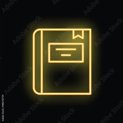 Bright yellow neon sign of a book with a bookmark is glowing on a black background