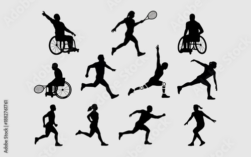 Dynamic silhouettes of Sports: A captivating montage of diverse figures engages in a spectrum of sports, their forms starkly defined against a minimalist backdrop.