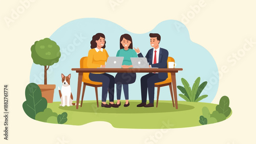 Colleagues collaborate outdoors on laptops with a dog nearby