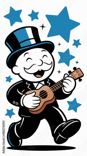 Joyful Melodies: A jovial character joyfully strums a ukulele, radiating happiness and merriment amidst a constellation of stars. 