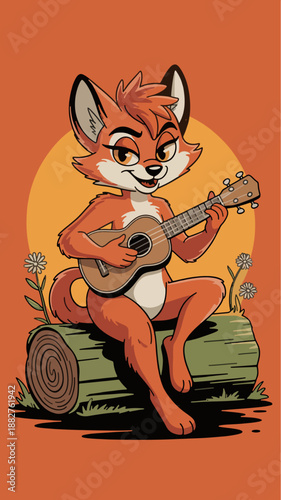Fox Musician serenading with Ukulele: An animated, red fox with an ukulele, a charming display of musical talent and relaxed demeanor.