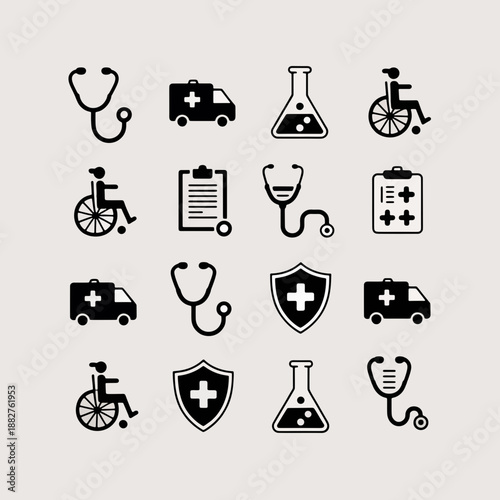Healthcare Icons: A collection of meticulously crafted, elegant monochrome icons representing essential elements of healthcare, designed to visually communicate concepts related to medicine.
