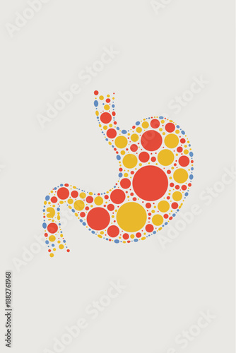 Dot-Pattern Stomach: An artistic representation of a human stomach, formed from an array of colorful dots, showcasing the beauty of the human body and the science of the digestive system.