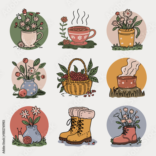 Autumnal Assemblage: Charming collection of floral compositions, cozy warm drinks, and seasonal accessories that evokes a sense of comfort and the beauty of the harvest season.