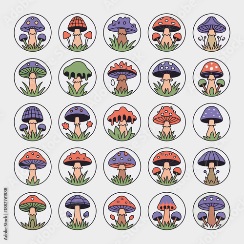Whimsical Mushroom Collection: A captivating illustration showcases a diverse array of mushroom varieties, each nestled within its own circular frame.
